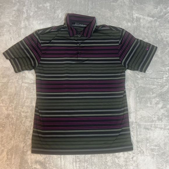 Nike Polo Shirt Medium Black Dri Fit  Golf Bright‎ Color Stripes Mens - Picture 1 of 3